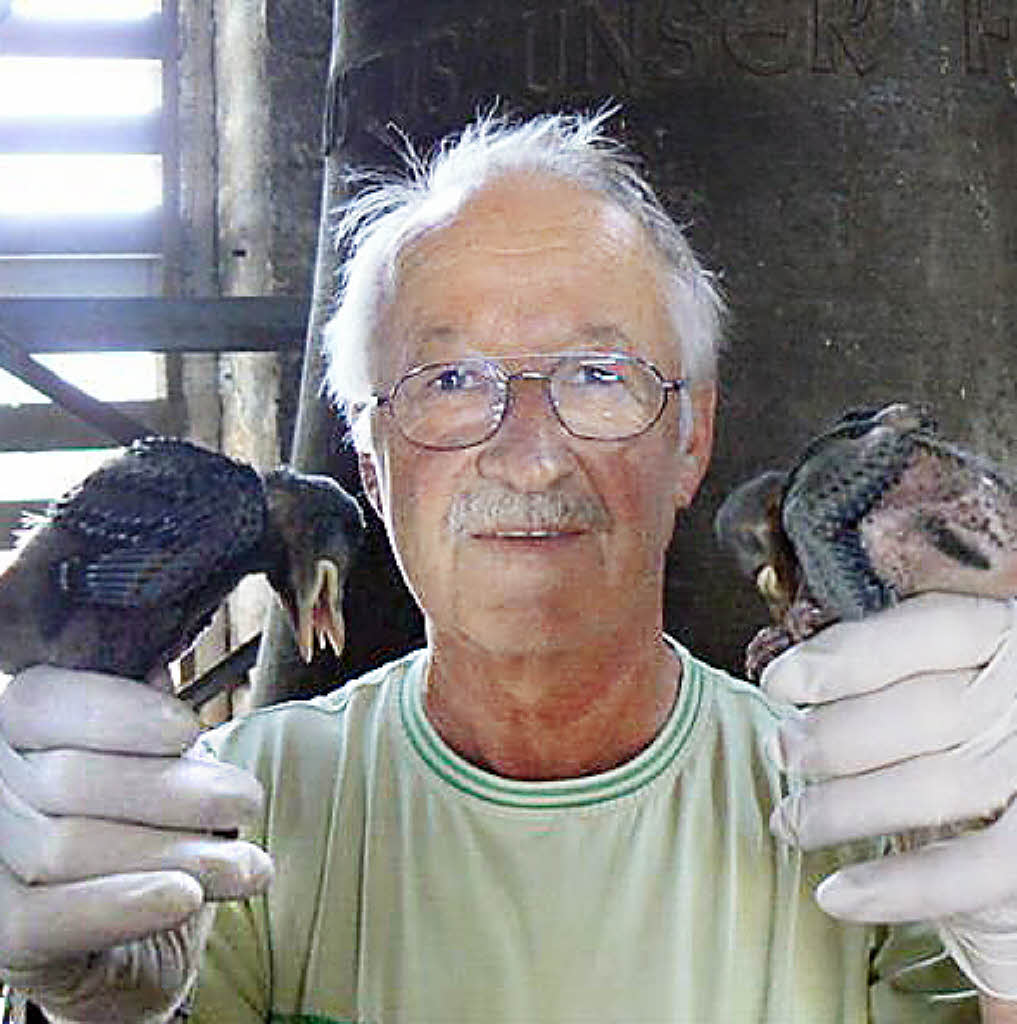 <b>Herbert Sitterle</b> mit zwei Dohlen im Turm der Stadtkirche. Foto: Privat - 46150571