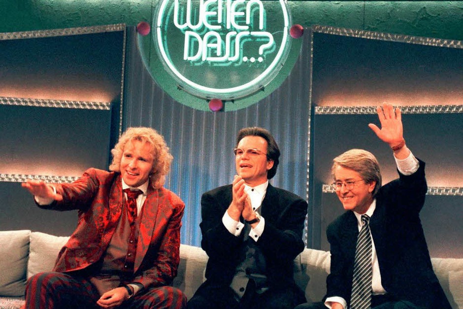 Die Moderatoren Thomas Gottschalk, Wolfgang Lippert und Frank Elstner bei der 100. „Wetten, dass..?“ – Sendung. (Foto: dpa) Die Moderatoren Thomas Gottschalk, Wolfgang Lippert und Frank Elstner bei der 100. „Wetten, dass..?“ – Sendung. (Foto: dpa)