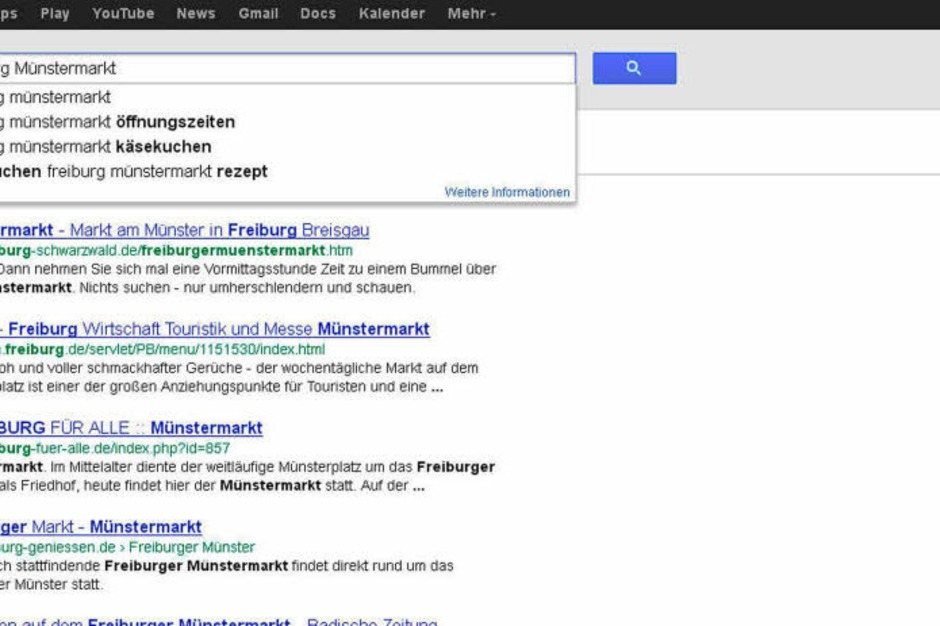 Liebe Beschicker des Münstermarkts – nur die Ruhe: Dass alle nach Stefans Käsekuchenstand suchen, kann auch bedeuten, dass die Google-Nutzer wissen, wo sie euch finden. (Foto: Screenshot BZ) Liebe Beschicker des Münstermarkts – nur die Ruhe: Dass alle nach Stefans Käsekuchenstand suchen, kann auch bedeuten, dass die Google-Nutzer wissen, wo sie euch finden. (Foto: Screenshot BZ)