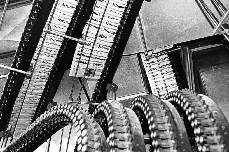 Technische Weltneuheit: Diese Versandanlage des Badischen Verlages fügte die Produkte automatisch zur Tagesausgabe zusammen und legte die Prospekte ein, bevor sie die Zeitungen zählte, bündelte und verpackte. (Foto: Privat) Technische Weltneuheit: Diese Versandanlage des Badischen Verlages fügte die Produkte automatisch zur Tagesausgabe zusammen und legte die Prospekte ein, bevor sie die Zeitungen zählte, bündelte und verpackte. (Foto: Privat)