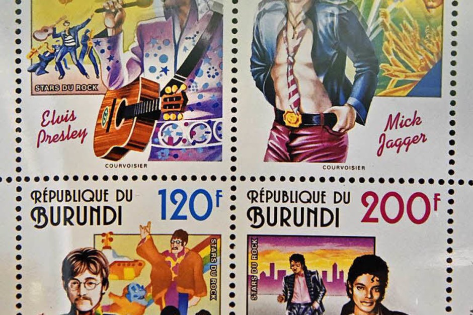 Burundi ehrte Elvis Presley, Mick Jager, Michael Jackson und John Lennon mit Briefmarken (von links oben im Uhrzeigersinn). (Foto: Michael Bamberger) Burundi ehrte Elvis Presley, Mick Jager, Michael Jackson und John Lennon mit Briefmarken (von links oben im Uhrzeigersinn). (Foto: Michael Bamberger)