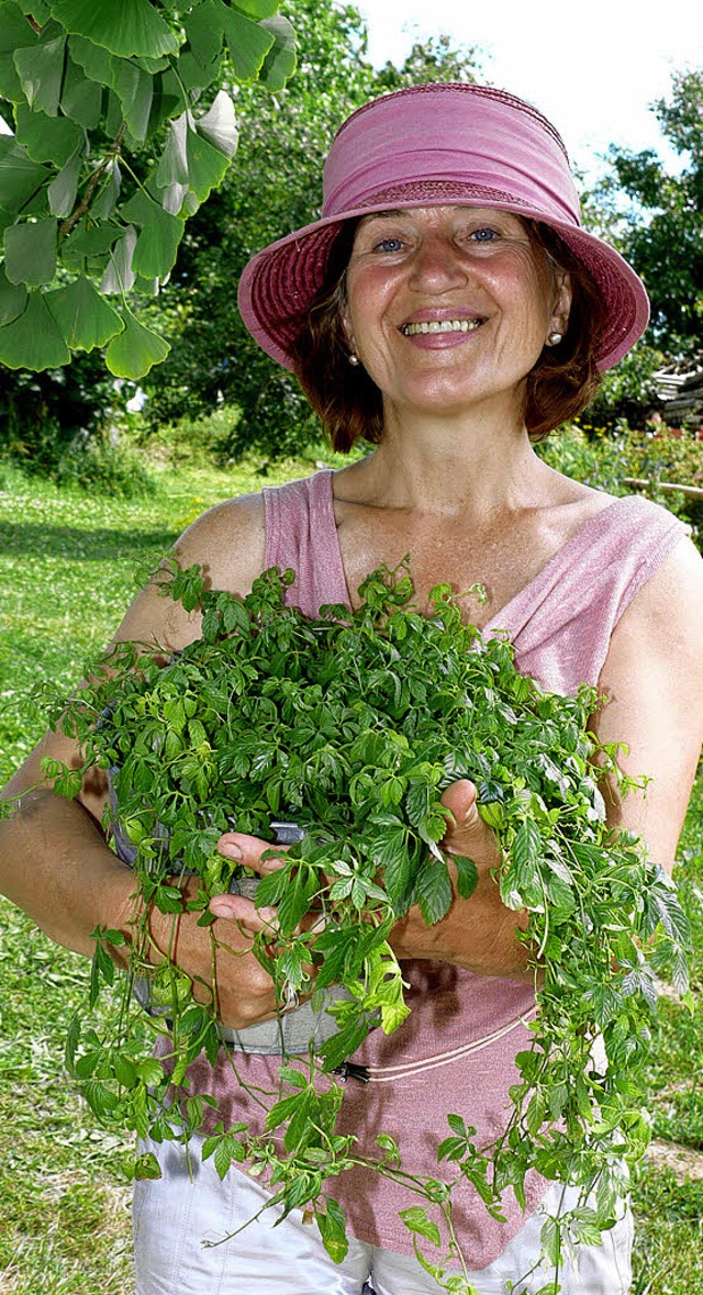 Gabriele Stoll mit einer Jiaogulan-Pflanze, dem Kraut der Unsterblichkeit   | Foto: frank Leonhardt