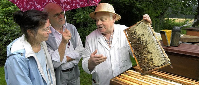 <Bildtext>Albert Maier (rechts) erlut...hen die Nutzung von Bienen.</Bildtext>  | Foto: Kunz