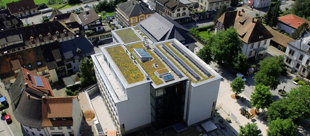 Das erweiterte Schnauer Gymnasium aus der Kirchturmperspektive   | Foto: Karin Maier