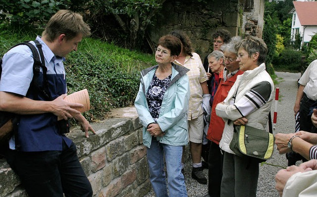 Was wchst da auf alten Sandsteinen? Thomas Ulrich erklrt&#8217;s.   | Foto: eri