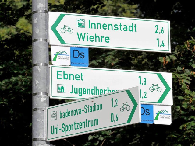An jeder greren Kreuzung in Freiburg...mnchst Hinweisschilder fr Radfahrer.  | Foto: Ingo Schneider