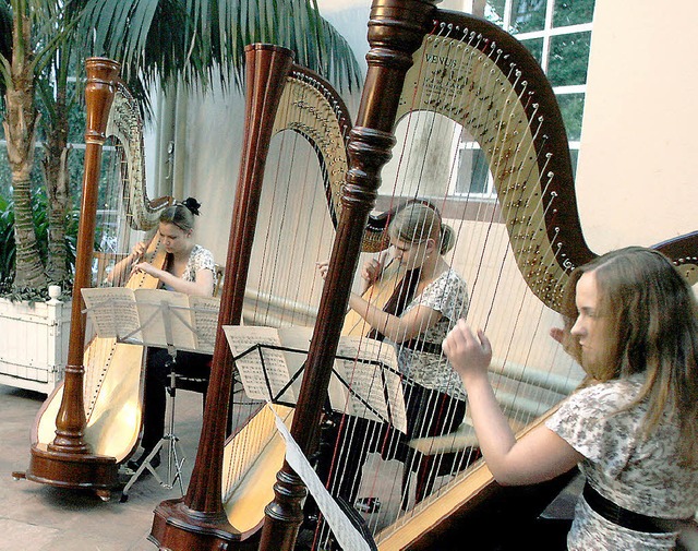 Das Trio Harphodite, Mirjam Weschle, R...os die Trmpfe  des Harfenklangs aus.   | Foto: Heidi Fssel