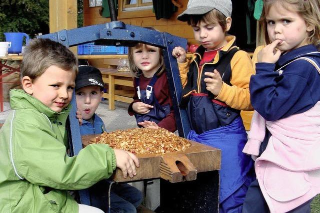 Kindergartenkinder stellen Apfelsaft selbst her