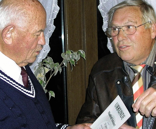 Manfred Scheinert (links) nimmt von Alfred Holl die Auszeichnung  entgegen.    | Foto: gert brichta