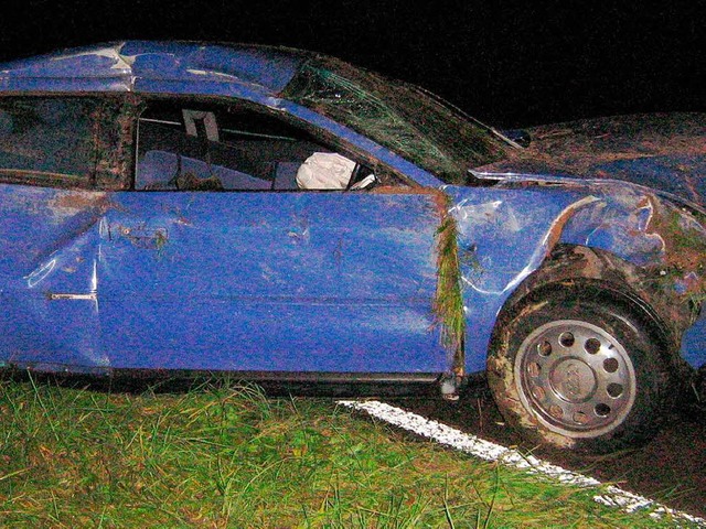 Nur noch Schrottwert hatte dieses Auto...reuzenden Tier auszuweichen versuchte.  | Foto: Polizei