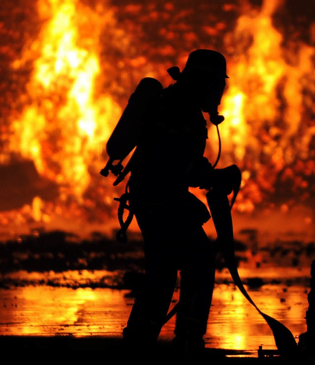 Ein Feuerwehrmann kmpft gegen das Flammenmeer.   | Foto: Patrick Seeger