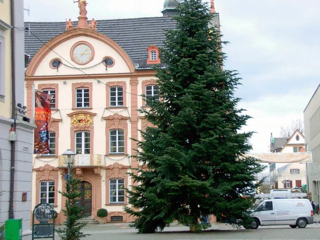 Der prchtige Weihnachtsbaum vor dem R...hten. Auch Glhwein gibt es zu kosten.  | Foto: Helmut Seller