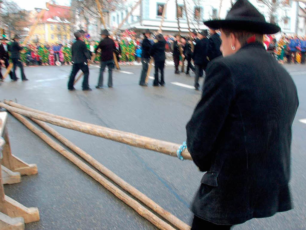 Schnell werden die nchsten Stangen bereit gelegt, mit deren Hilfe der Narrenbaum aufgerichtet wird.