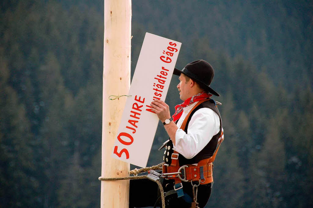 Werner Prller befestigt hoch ber dem Boden ein Schild am Narrenbaum.