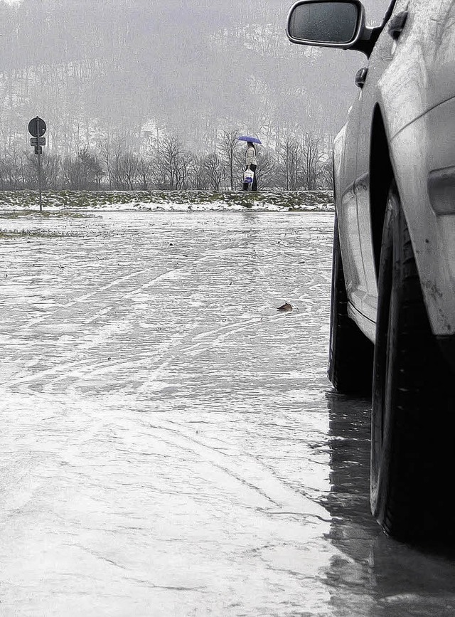 Eine dicke Eisdecke lag trotz Plusgrad... Platz neben dem Waldshuter Freibad.    | Foto: Huber