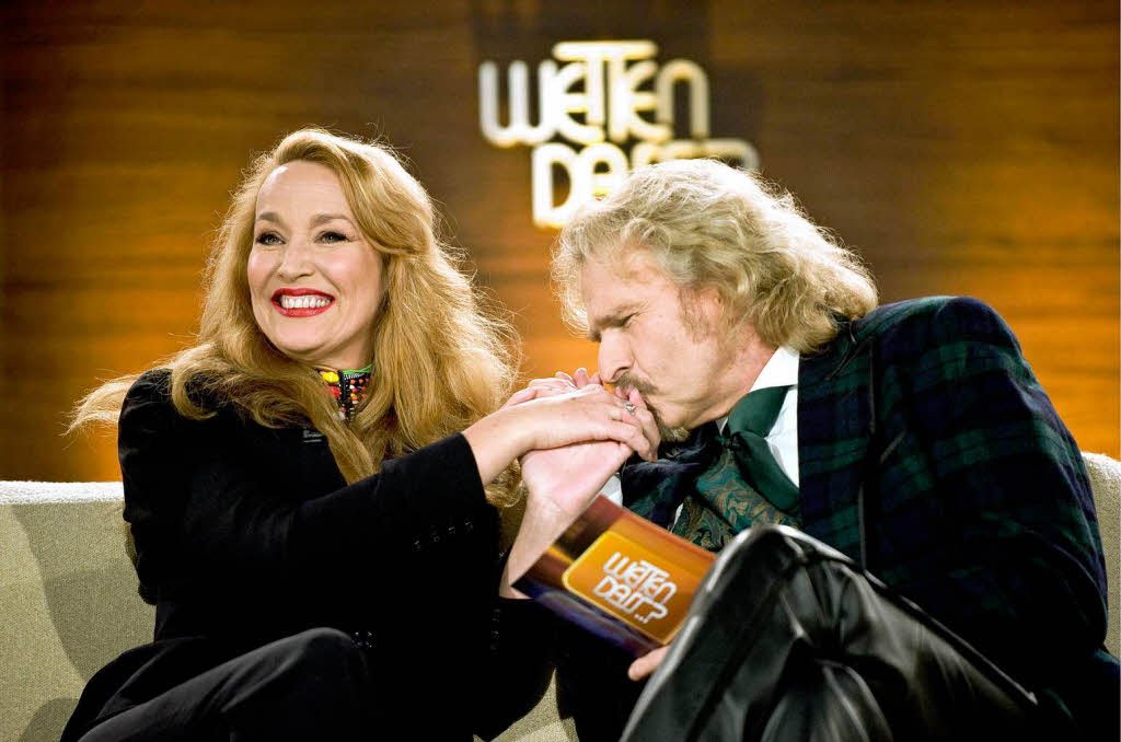 US-Model und Schauspielerin Jerry Hall und Moderator Thomas Gottschalk.