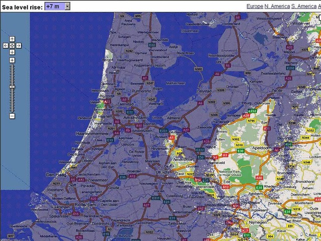 Das passiert, wenn der Meeresspiegel u...e Niederlande versinken in den Fluten.  | Foto: http://flood.firetree.net/