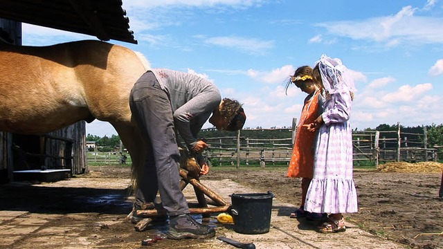 Bei der Pferdetoilette: Silke arbeitet, die Kinder schauen zu.  | Foto: verleih