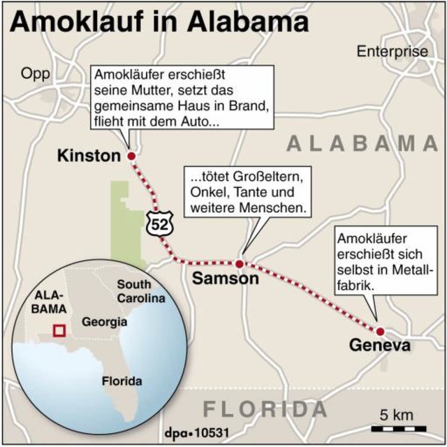 Der Ablauf des Amoklaufs in Alabama.  | Foto: dpa