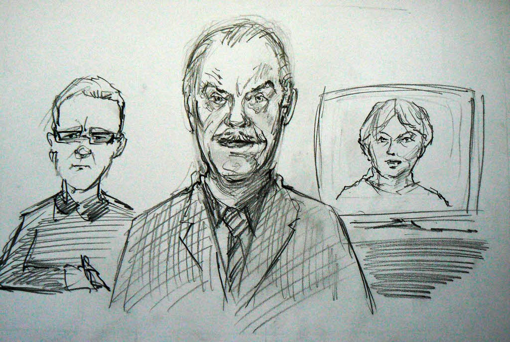 Die Gerichtszeichnung zeigt den Angeklagten Josef Fritzl (M.), seine Tochter Elisabeth Fritzl (Videoschaltung, r.) und Opferanwltin Eva Plaz