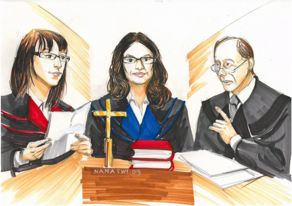 Gerichtszeichnung (von links): Staatsanwltin Christiane Burkheiser, Richterin Andrea Humer und Fritzl-Verteidiger Rudolf Mayer