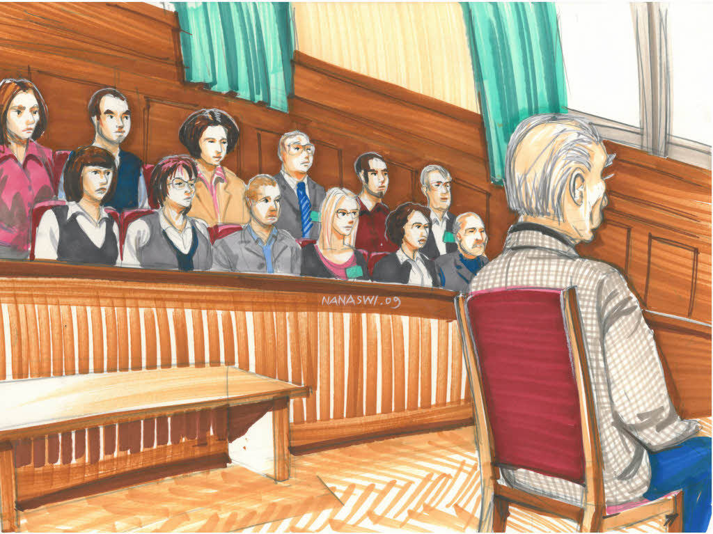 Gerichtszeichnung: Josef Fritzl im Gerichtssaal