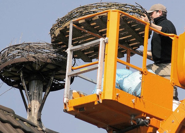 Ein Arbeiter bringt das neue Nest an O...stehen durch die Aktion keine Kosten.   | Foto: Heidi Fssel