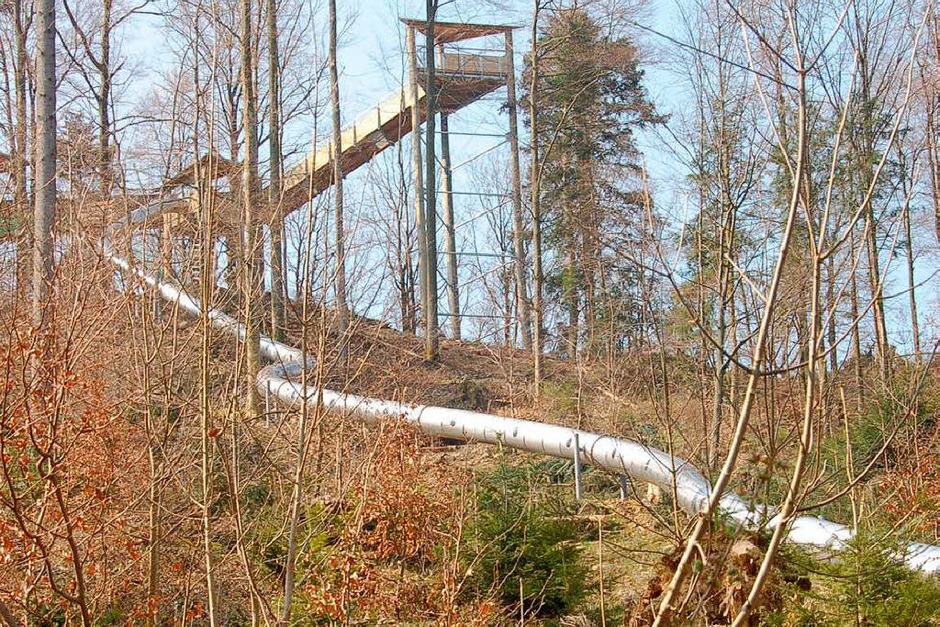 Baumkronenweg: höchste Plattform und Röhrenrutsche (Foto: Sylvia Timm) Baumkronenweg: höchste Plattform und Röhrenrutsche (Foto: Sylvia Timm)