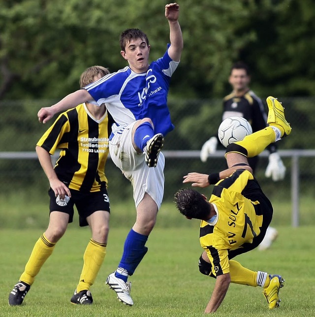 Fussball 2009Ottenheim vs. SulzAkrobat...ieler li. und einem Sulzer Spieler re.  | Foto: Peter Aukthun