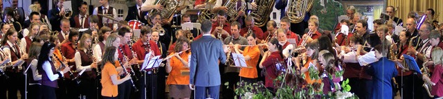 Ein Hhepunkt des Bezirksmusikfestes i... 200 Musiker zhlenden Gesamtchores.    | Foto: Werner Probst