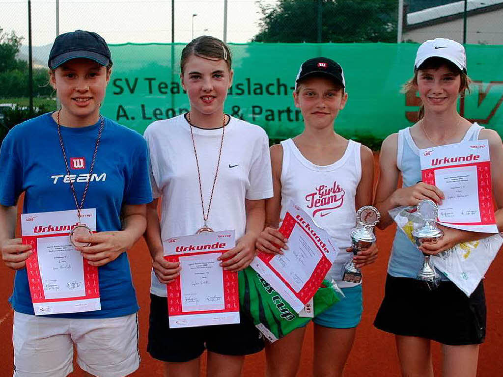 Finale Juniorinnen-Doppel, links die Finalistinnen Lena Herrlich/Sophie Schettler (TC Lahr/TC Mengen) und die Siegerinnen Nicola Grether/Sophia Hartmann (TC 1923 Grenzach/TC BW Oberweier).