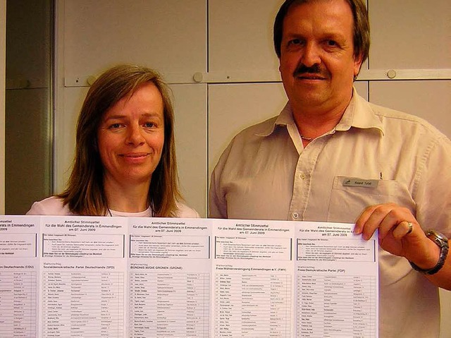 Ines Peglow und Roland Tofall vom std...dem Stimmzettel zur Gemeinderatswahl.   | Foto: Gerhard Walser