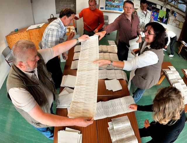 Helfer der Wahlkommission zhlen in de...ie Stimmzettel fr die Europawahl aus.  | Foto: dpa