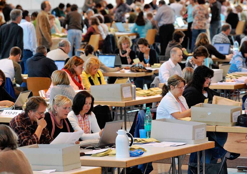 Auszhlung der Ergebnisse der Freiburger Kommunalwahl auf der Messe.