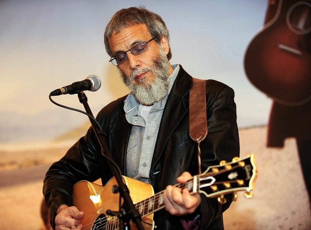 Der Mann mit Gitarre am Mikro und auf ...t vor einem Foto von sich selbst auf.   | Foto: Rita eggstein