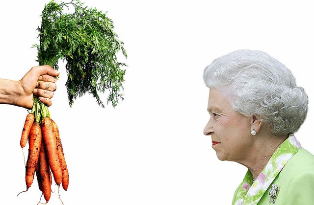 Karotten fr die Queen: Knftig gibt e...us rein organischem Anbau natrlich.    | Foto: AFP/Fotolia; Montage: Reck