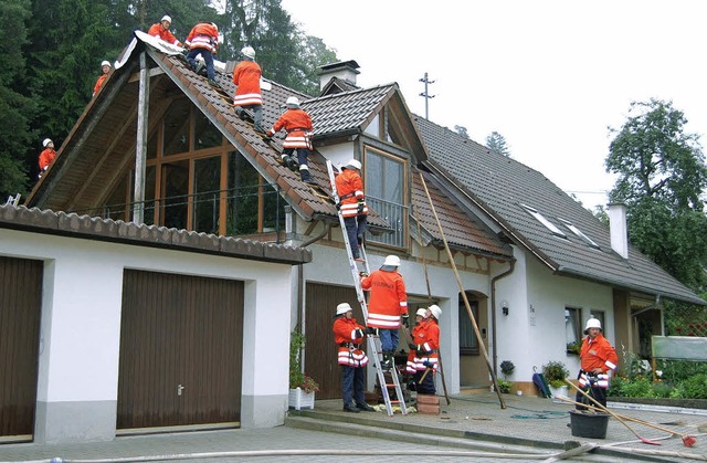 Feuerwehr im Einsatz: Ein Blitz hatte ...nhaus in Grimmelshofen eingeschlagen.   | Foto: Ganz