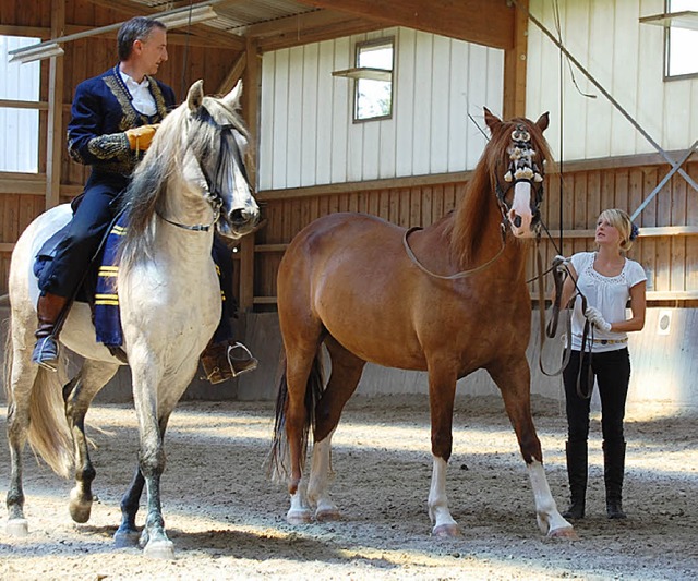 Hugo Stuk auf Chilenjo und Nadine Bern...n in der Halle des Goldberghofes auf.   | Foto: Dramac