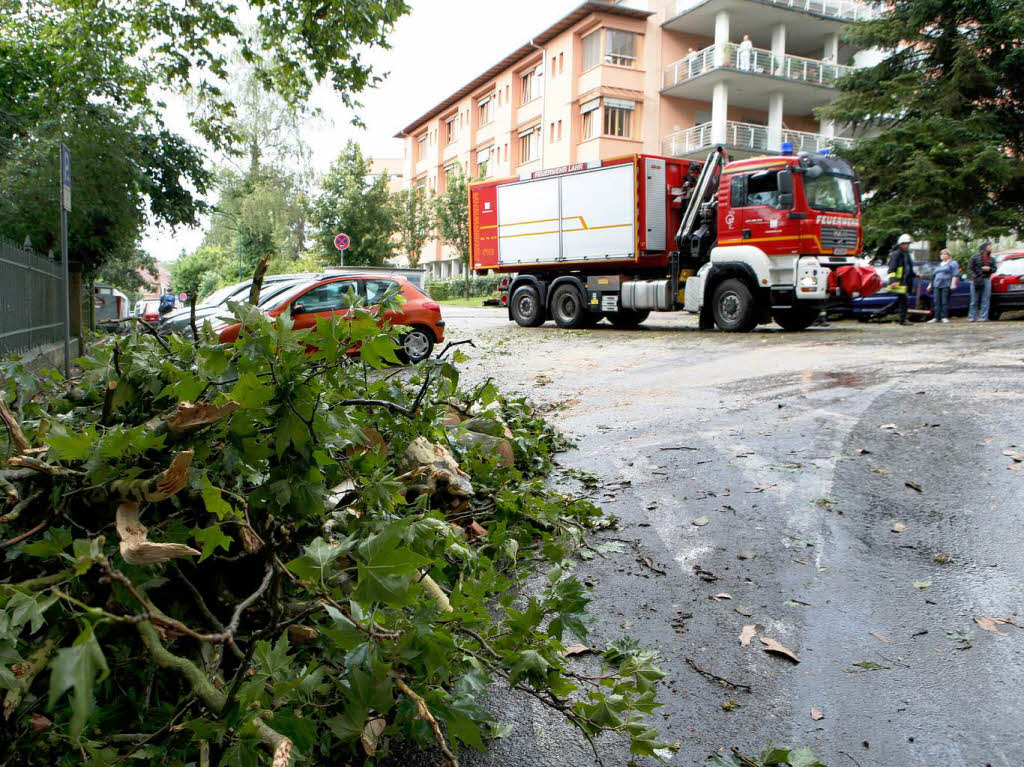 Das Unwetter  in Lahr: In der Altvaterstrae strzte  ein Baum auf ein parkendes Auto.