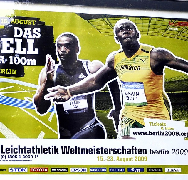 Gay (links) und Bolt als Werbetrger fr die WM in Berlin  | Foto: ddp