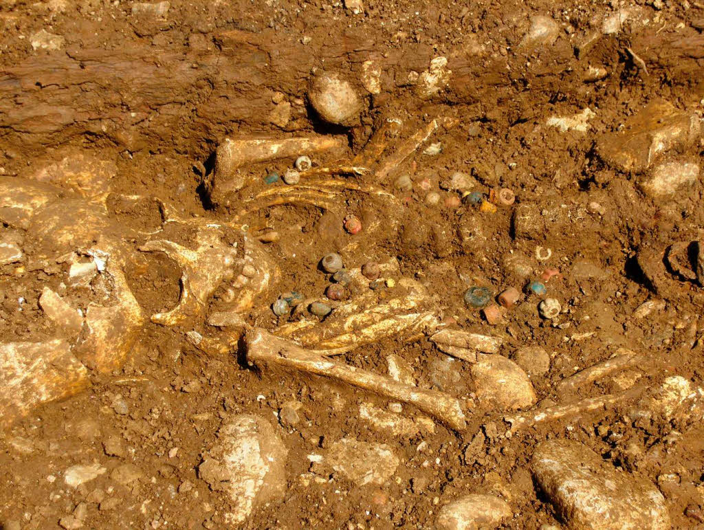Das Skelett eines etwa sechsjhrigen Mdchens mit Perlenkette.