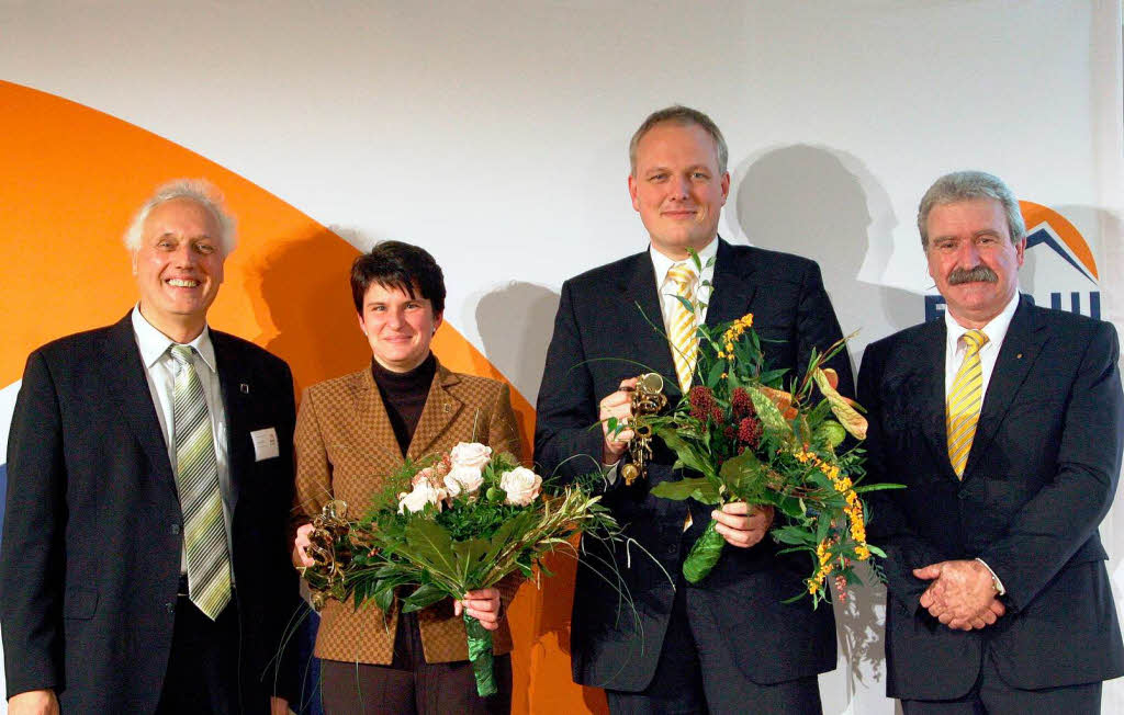 Verleihung des 4. Deutschen Solarindustriepreises 2008:  BSW-Solar Vizeprsident Helmut Jger, Preistrgerin Tanja Goenner, Preistrger Ulrich Kelber, BSW-Solar Praesident Georg Salvamoser (von links).