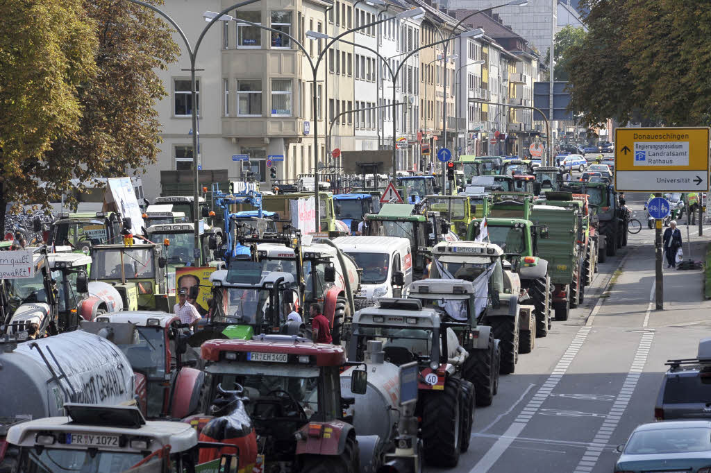 Proteste sdbadischer Landwirte in Freiburg gegen die niedrigen Milchpreise.