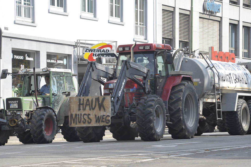 Proteste sdbadischer Landwirte in Freiburg gegen die niedrigen Milchpreise.