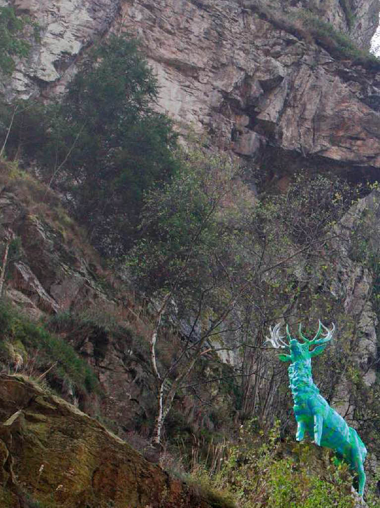 Knallgrün und hellblau: Der Hirsch im Höllental. Knallgrün und hellblau: Der Hirsch im Höllental.