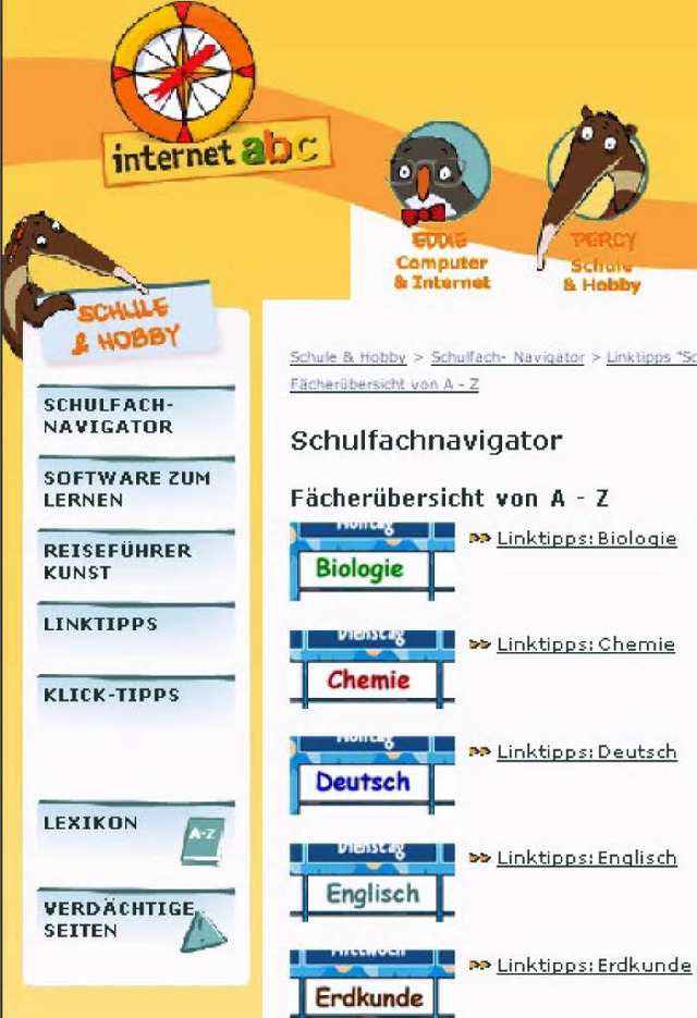 Tipps  fr jedes Fach: Ausschnitt  aus dem Schulfach-Navigator des Internet-ABCs  | Foto: Screenshot