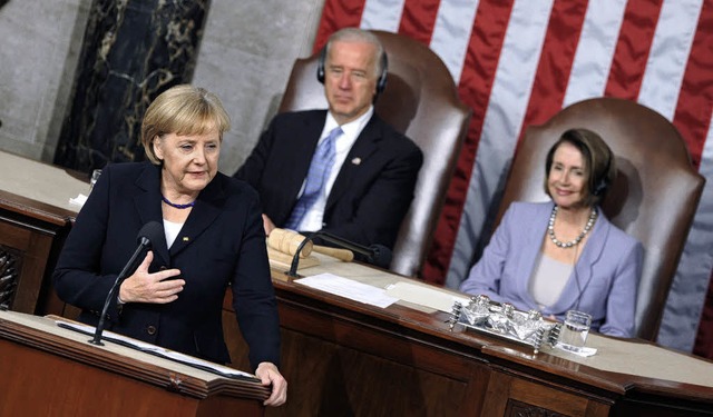 Bei  ihrer Rede vor dem Kongress triff...en  Angela Merkel mit   Wohlwollen.     | Foto: afp