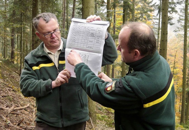 Forstdirektor    Bernhard Ihle (links)...ald den Arbeitsplan eines Holzhiebes.   | Foto: Adelbert Mutz