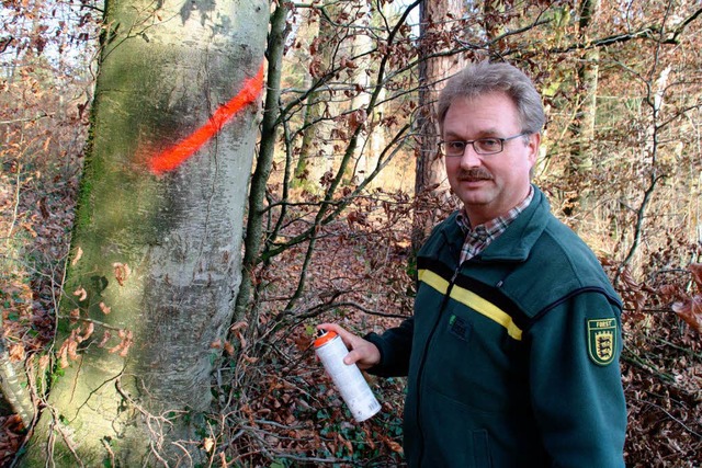 Gerd Fricker markiert einen Baum.  | Foto: christoph spangenberg