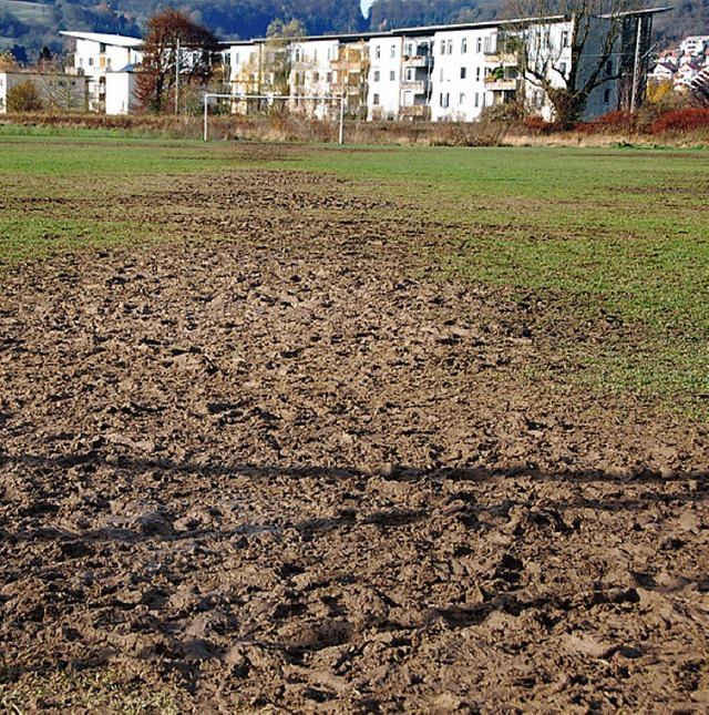 Bisher ein Fuball-Acker, knftig Wohn...zierungskonzept fr die Hugenmatt vor.  | Foto: Nikolaus trenz